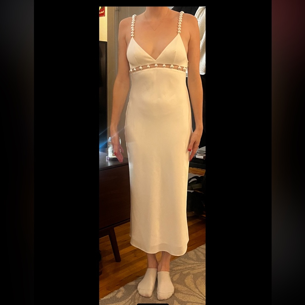 Retrofete White Backless Dress with Pearl Straps perfect for a bachelorette